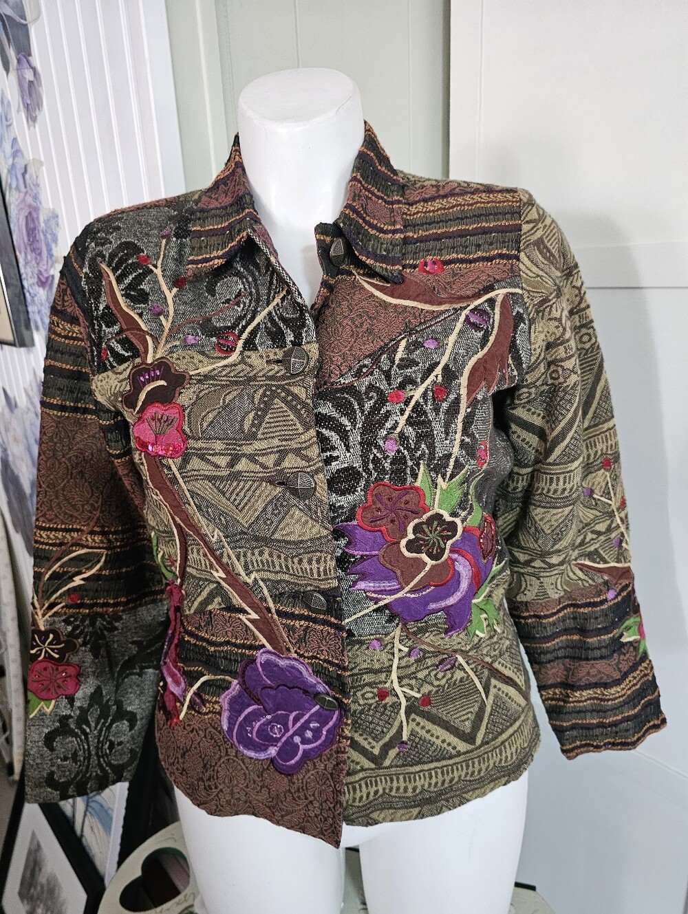 Coldwater Creek Tapestry Patchwork Jacket Blazer Embroidered Sequin Boho Size M